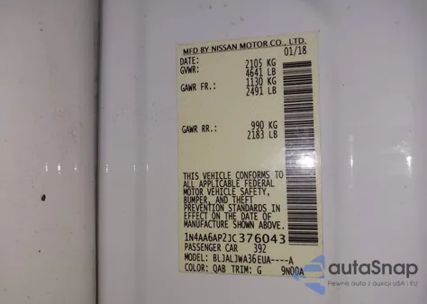 2018 Nissan Maxima 3.5 Sv z USA, uszkodzony, nr VIN 1N4AA6AP2JC376043